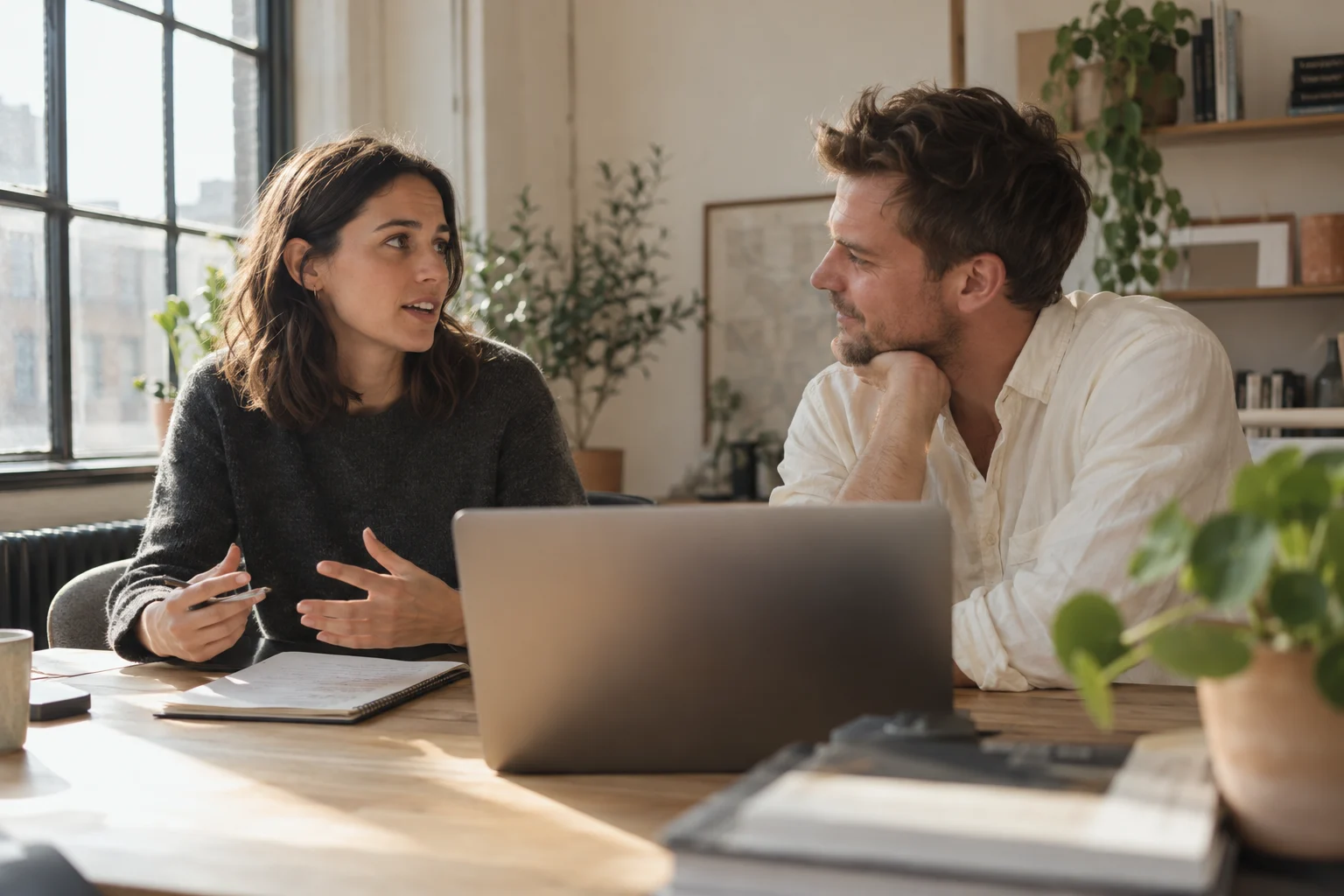 Illustrative scene of two recruitment professionals in conversation at a sunlit studio desk